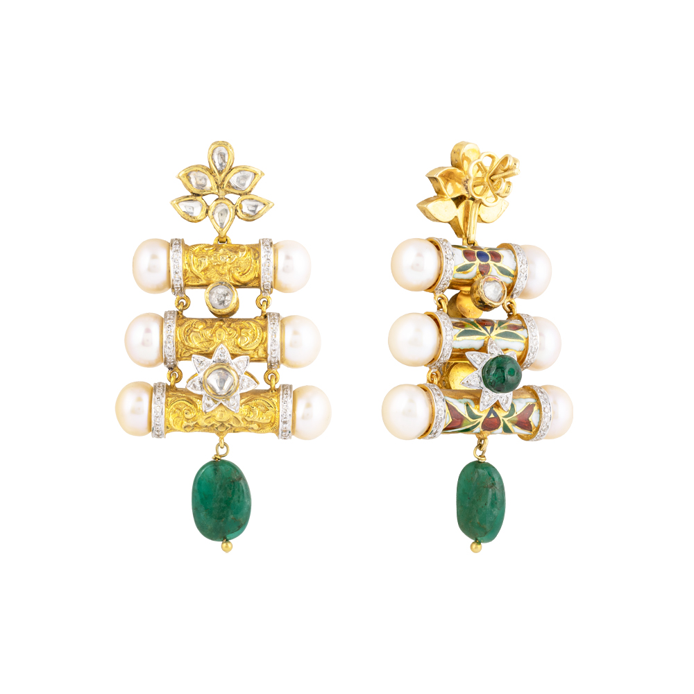 Floral Enamel Pendant Set with Pearls & Emerald Drops